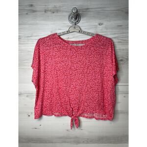 Chicos Shirt Womens 2XL Pink Red Linen Short Sleeve Tie Front Lightweight Top